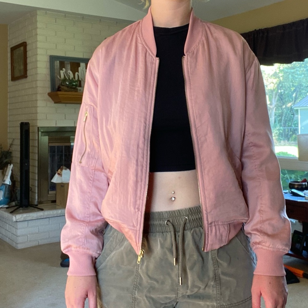 Baby pink zip-up bomber jacket with pockets